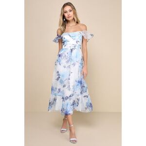 Lulus Sweet Composure White Floral Organza Off-the-shoulder Midi Dress Blue